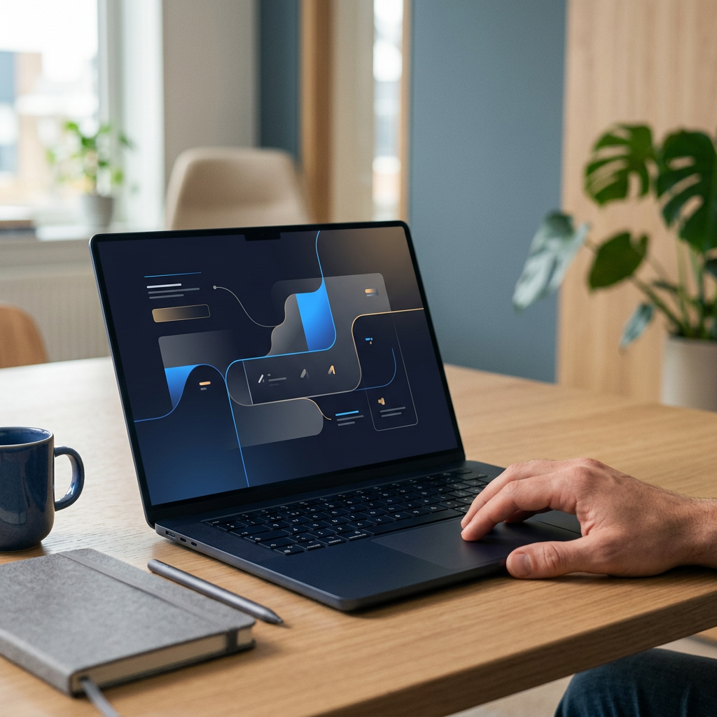 Hand met laptop waarop een eenvoudig zakelijk contactformulier wordt ingevuld