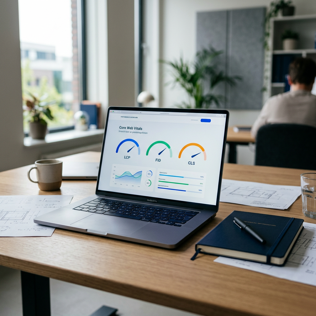 Laptop met website-interface, performancegrafiek en notities op een rustig bureau