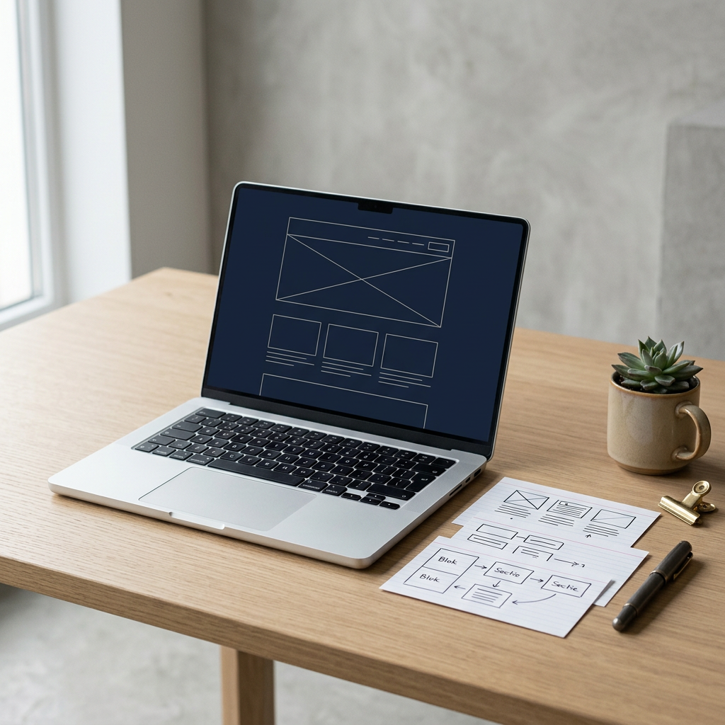 Wireframe van een dienstenpagina op een laptop, met overzichtelijke contentblokken en een contactroute