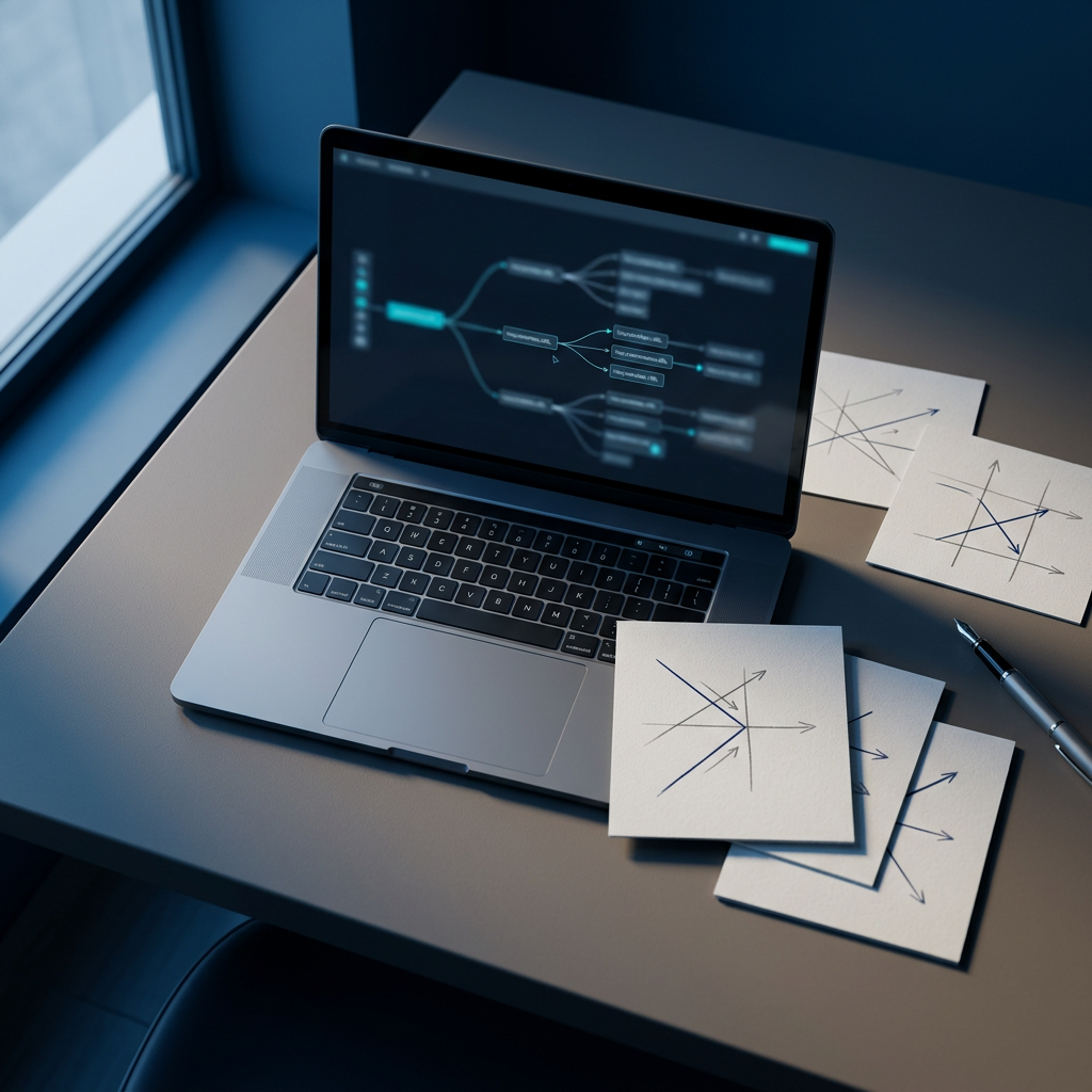 Laptop met een overzicht van website-URL’s en verbindingslijnen op een bureau