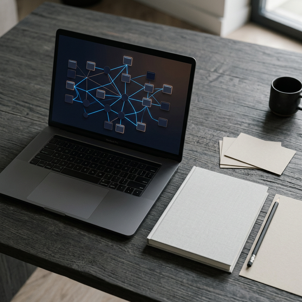 Schematische route van verbonden webpagina's op een bureau met notitieblokken en een laptop