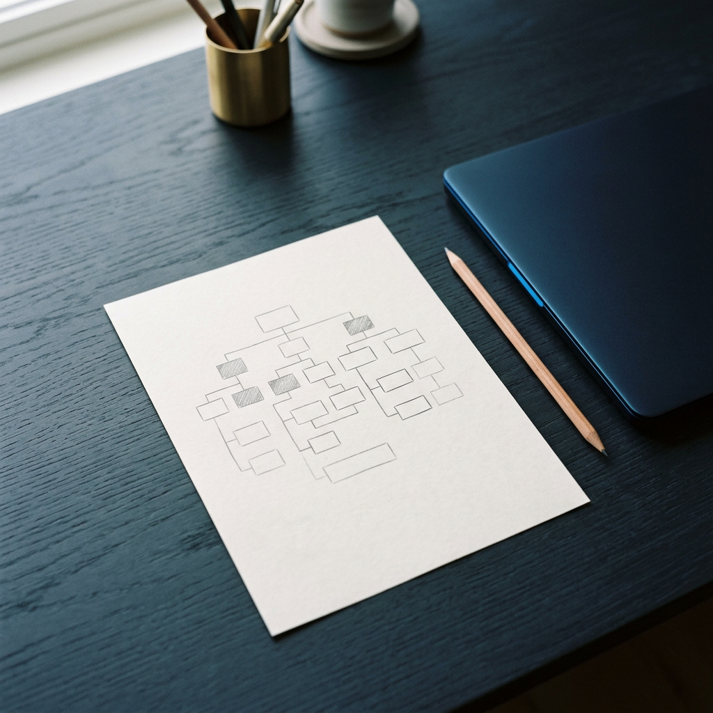 Schematische papieren websitekaart met verbonden pagina’s op een rustig bureau