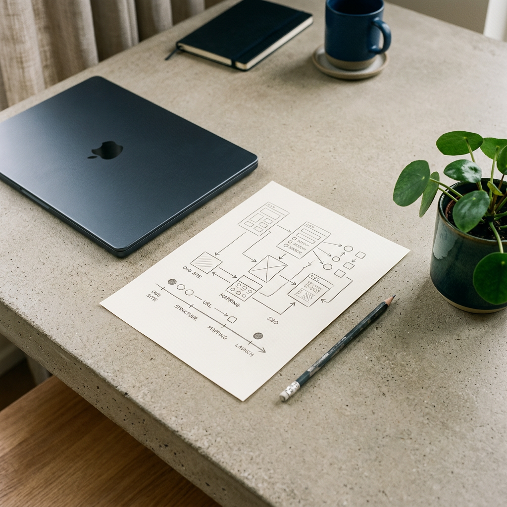 Laptop met een overzichtelijke website-migratieplanning, URL-schema’s en technische controles op een bureau