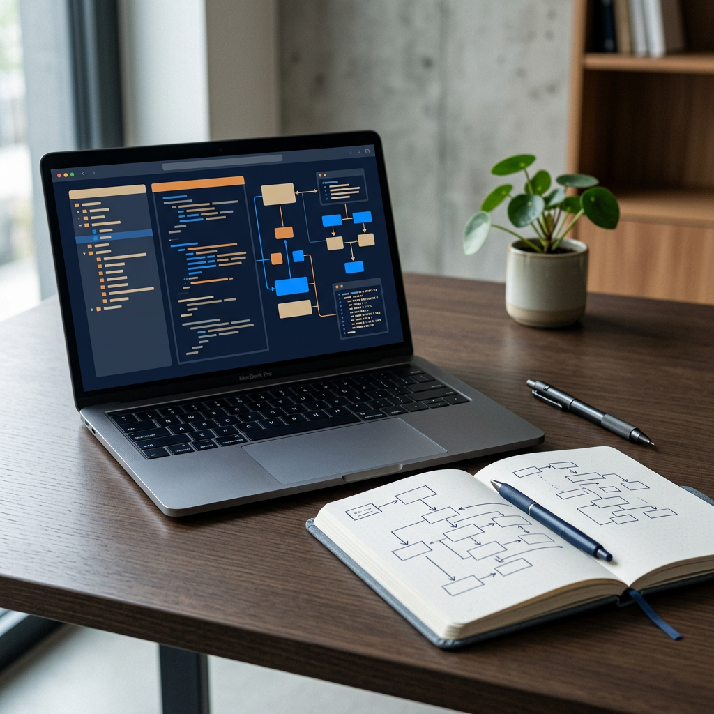 Ontwikkelaar bekijkt gestructureerde data en paginastructuur op een laptop naast notities