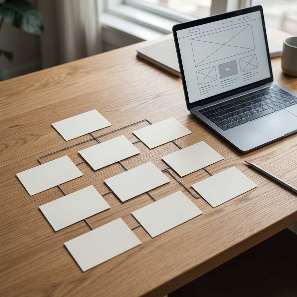 Twee handen ordenen kaartjes met paginastructuur en taken op een bureau naast een laptop