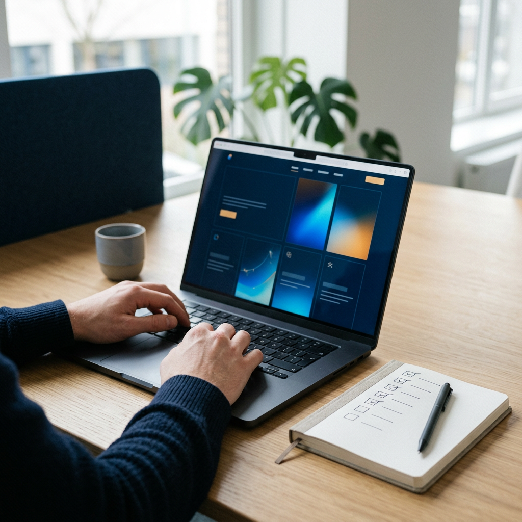 Ontwerper test een zakelijke website op laptop met toetsenbord en toegankelijkheidsnotities