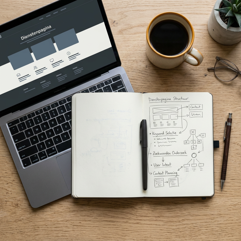 Notitieboek met een eenvoudige structuur voor zoekwoorden en dienstenpagina’s naast een laptop